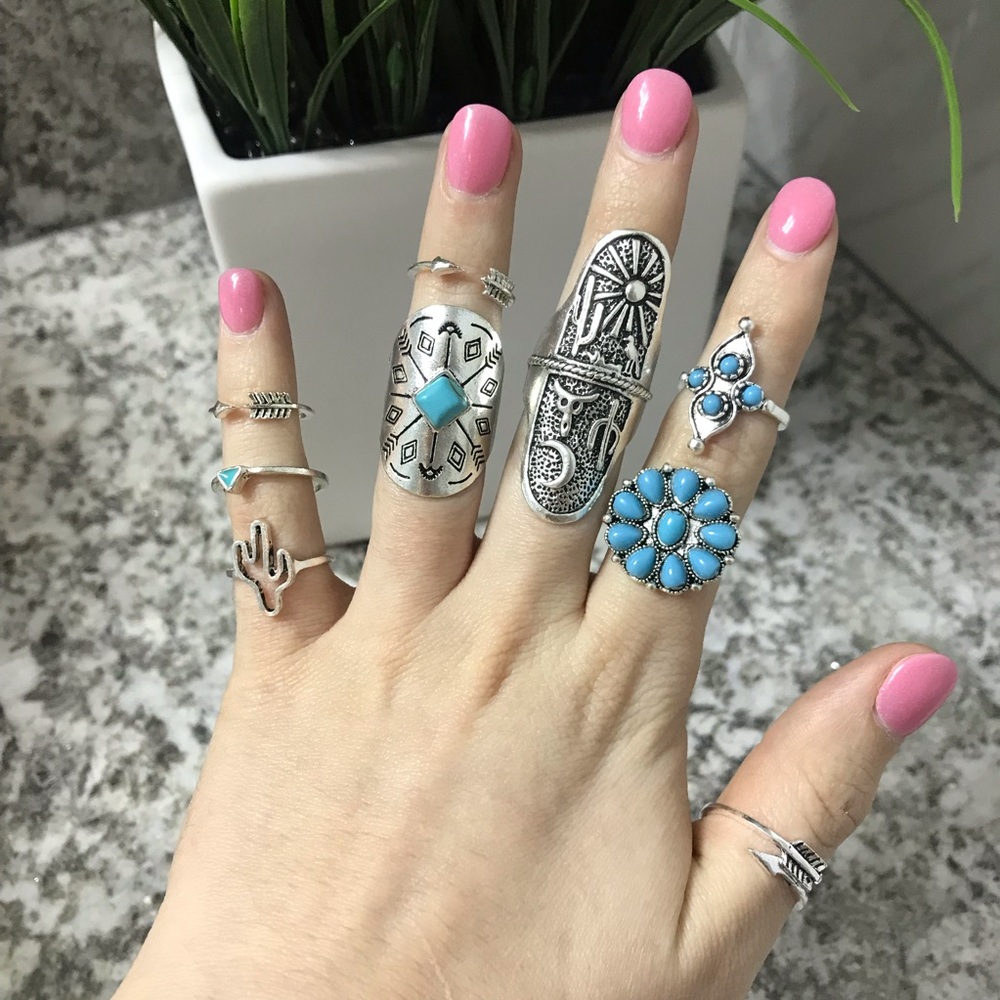 9 Piece Bohemian Turquoise Ring Set